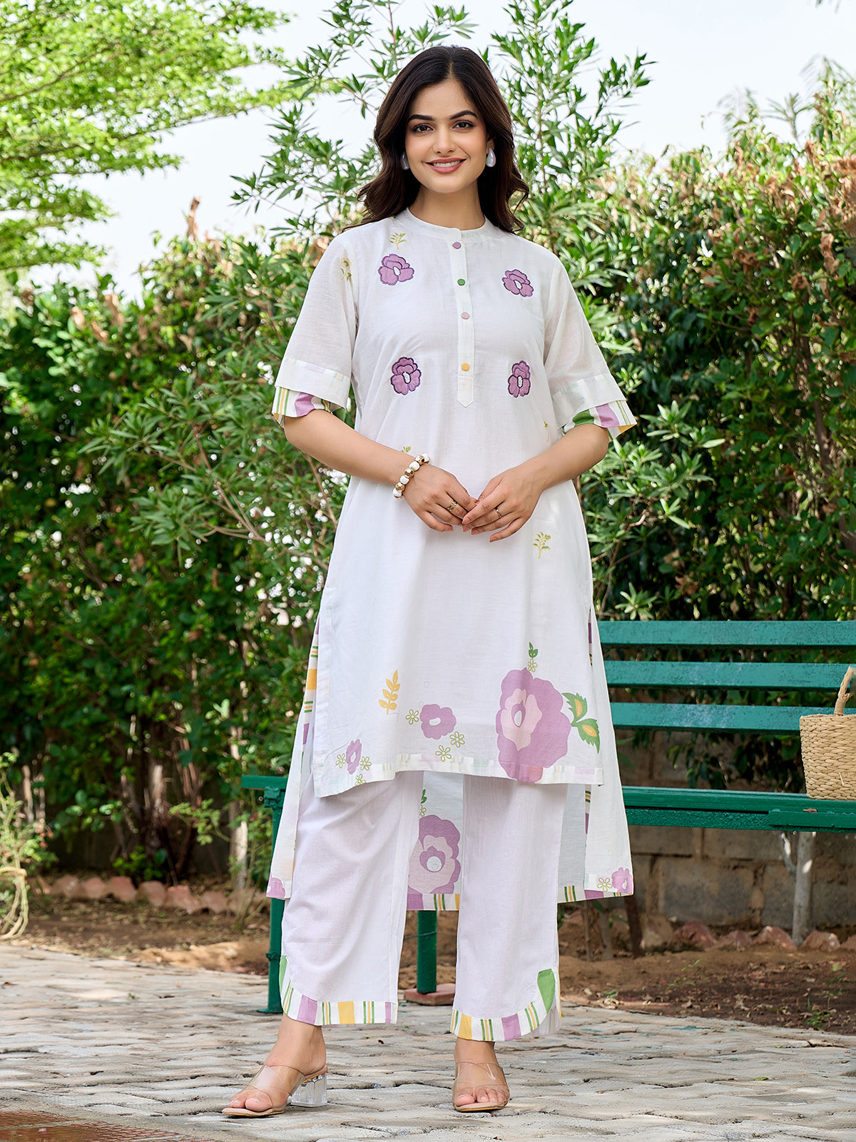 White cotton designer kurti set with elegant embroidery