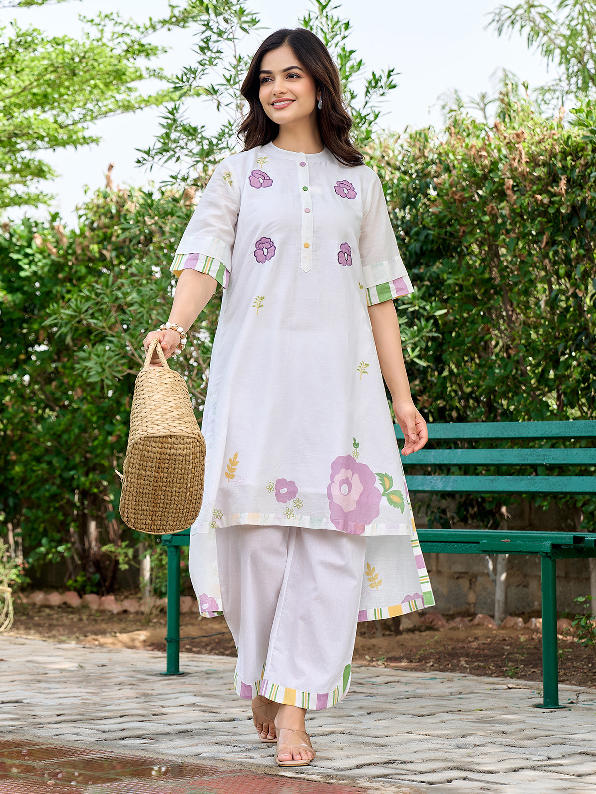White cotton designer kurti set with elegant embroidery