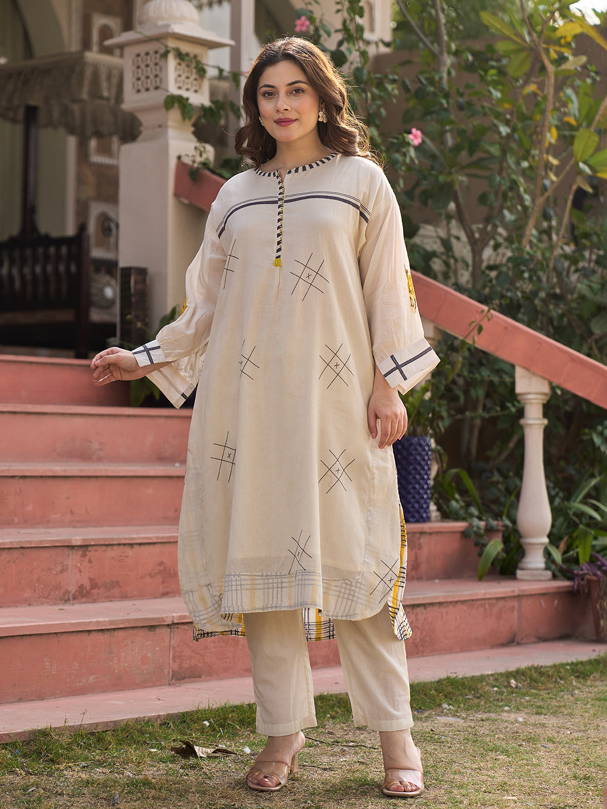 Cream cotton linen printed kurti set with full sleeves