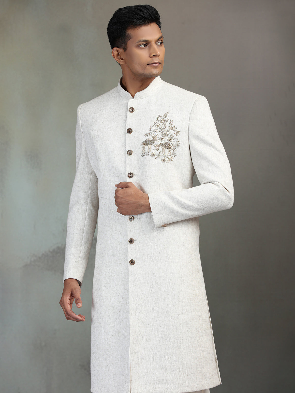 Cream silk wedding wear sherwani for men