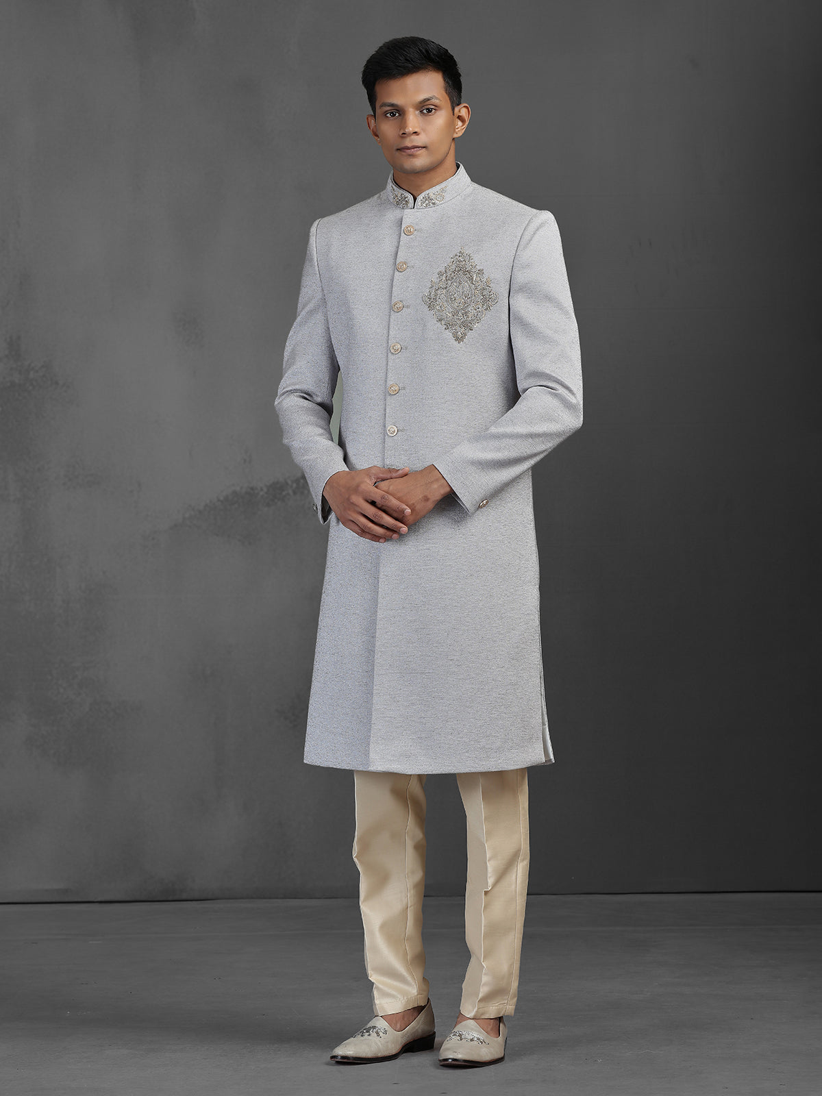 Grey silk sherwani for reception and wedding wear