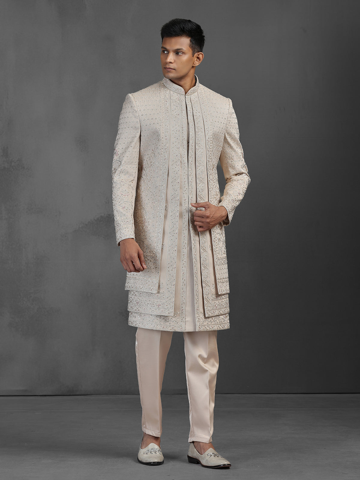 Gold silk layered sherwani for men