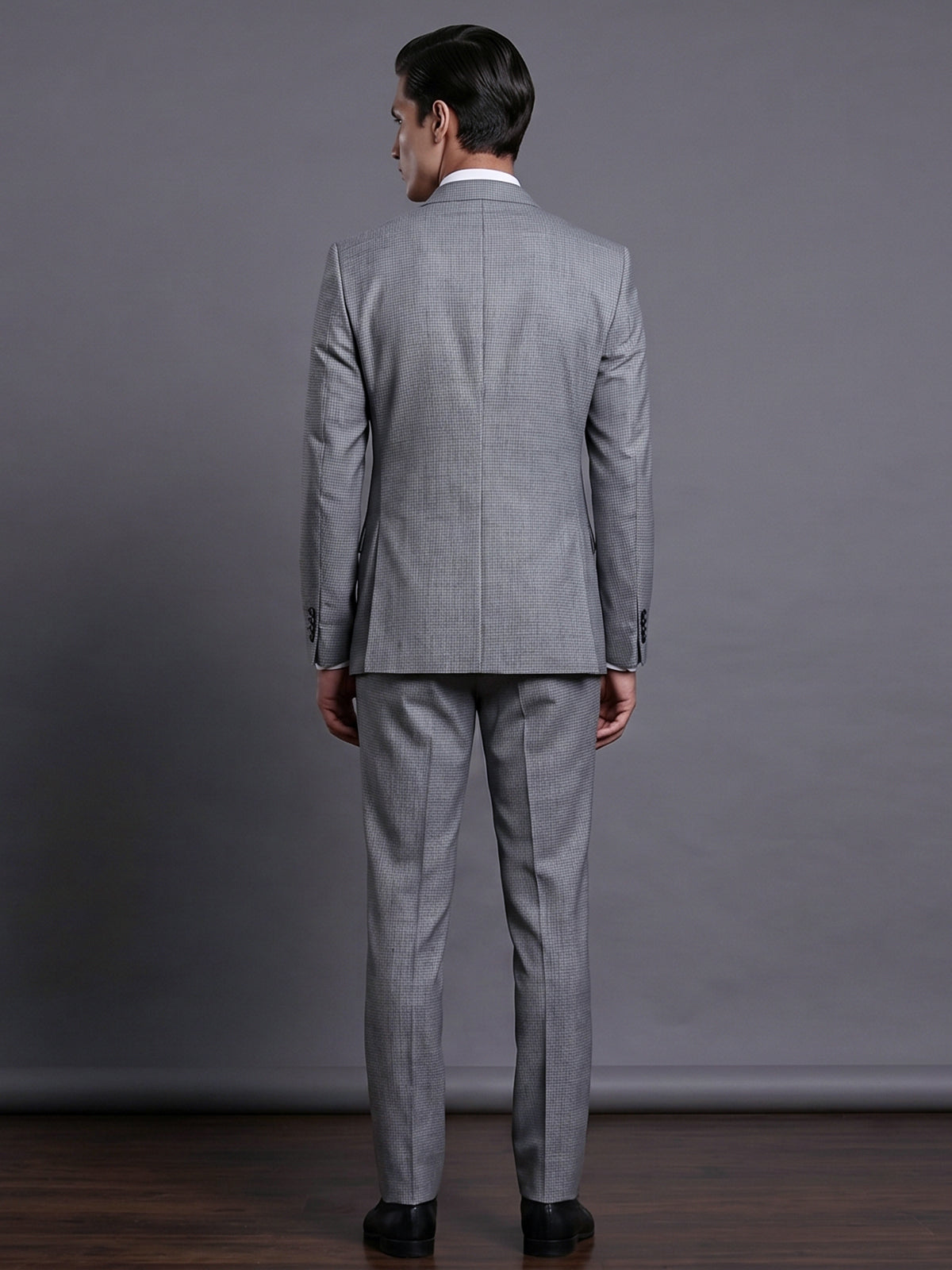 Grey designer coat suit with micro pattern notch lapel