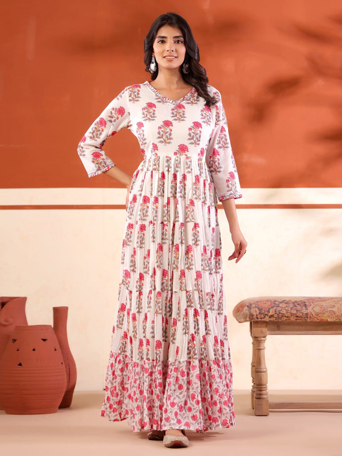 White cotton silk long kurti with pink floral prints
