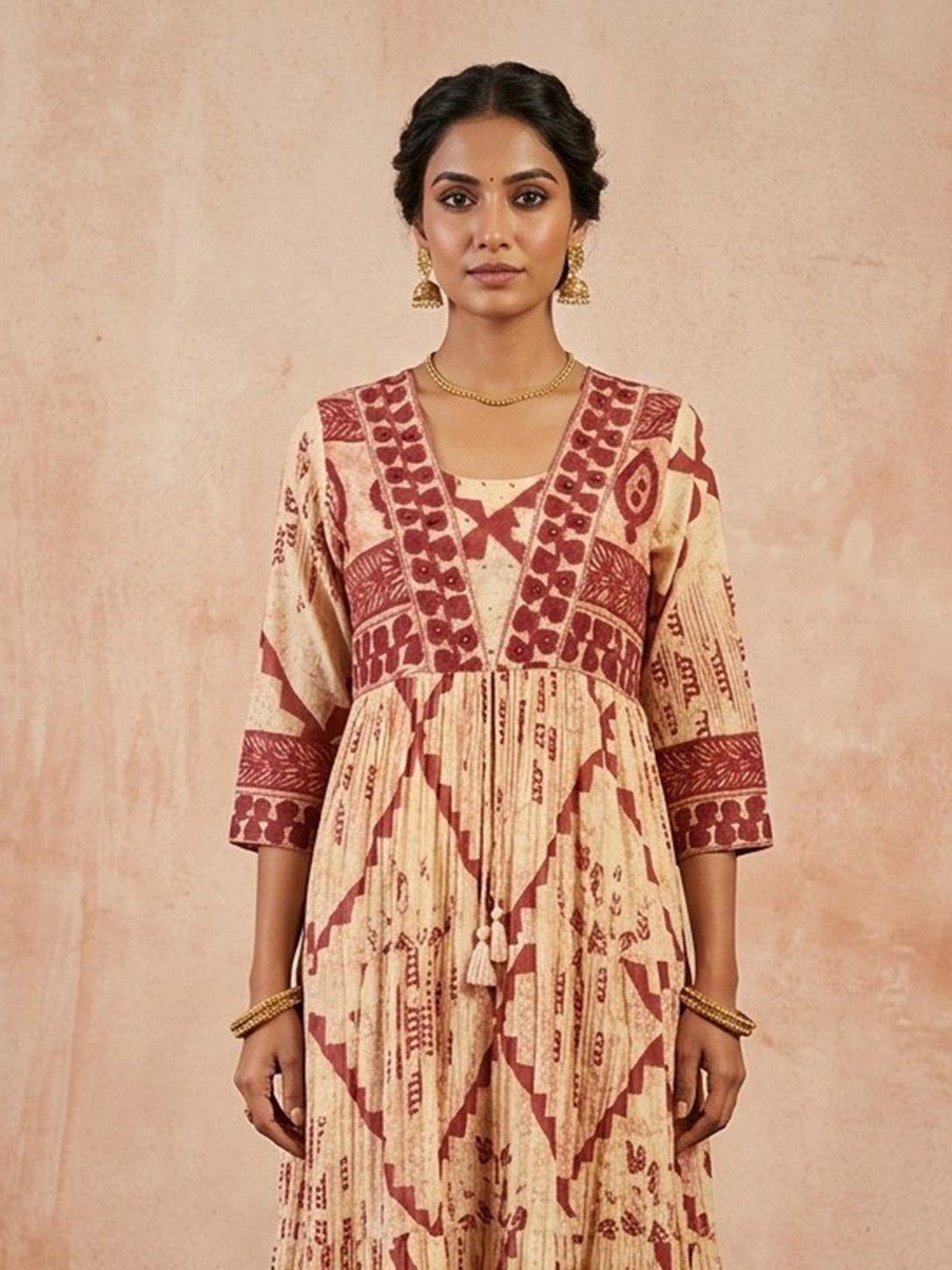 Cream and maroon cotton silk printed long kurti