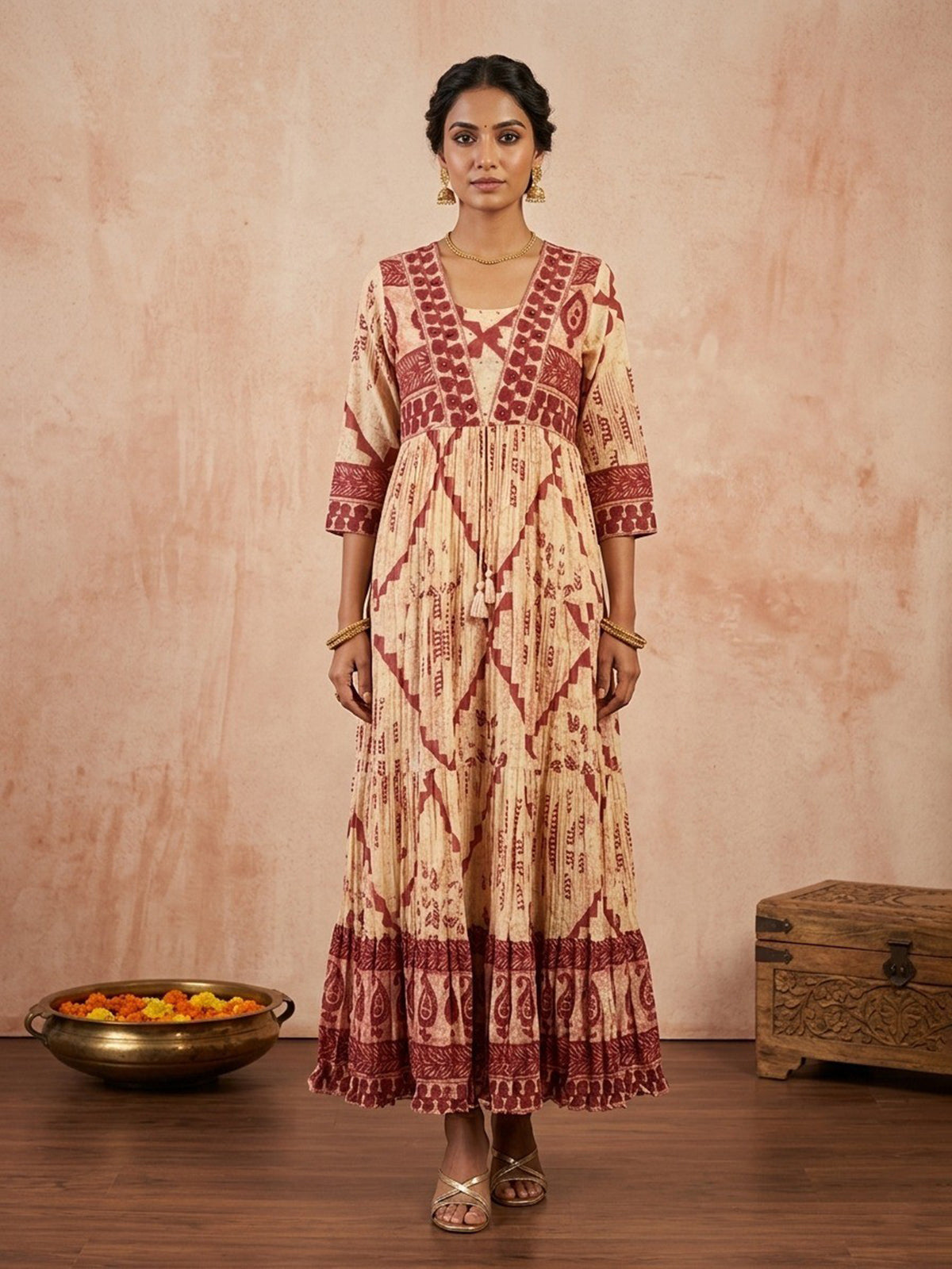 Cream and maroon cotton silk printed long kurti