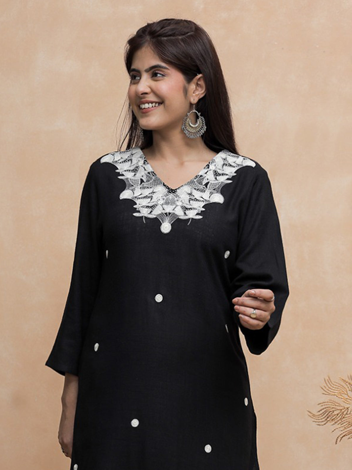 Black cotton kurti set with white embroidery elegance