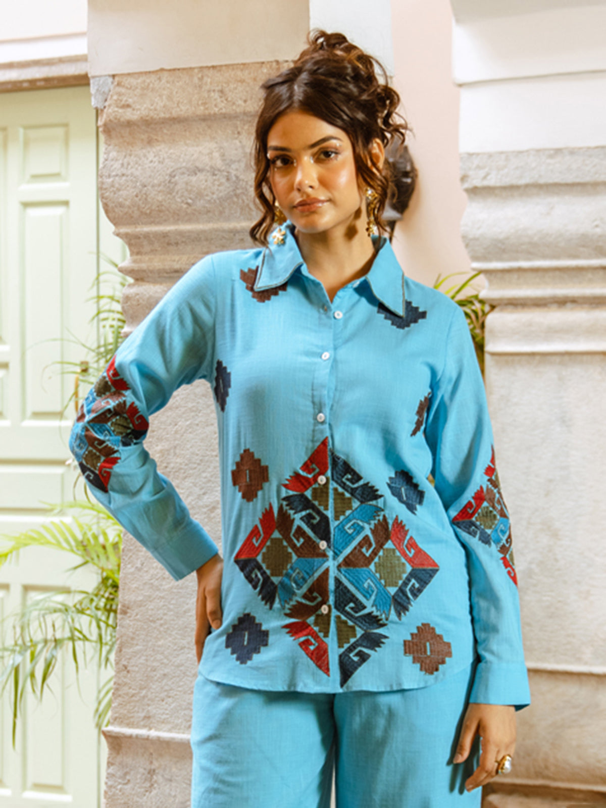 Aqua blue cotton co ord set with thread detailing