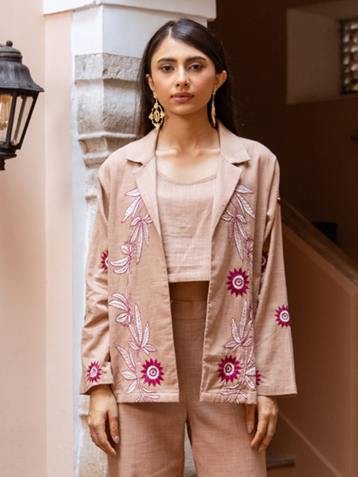 Beige cotton linen jacket style three piece co ord set