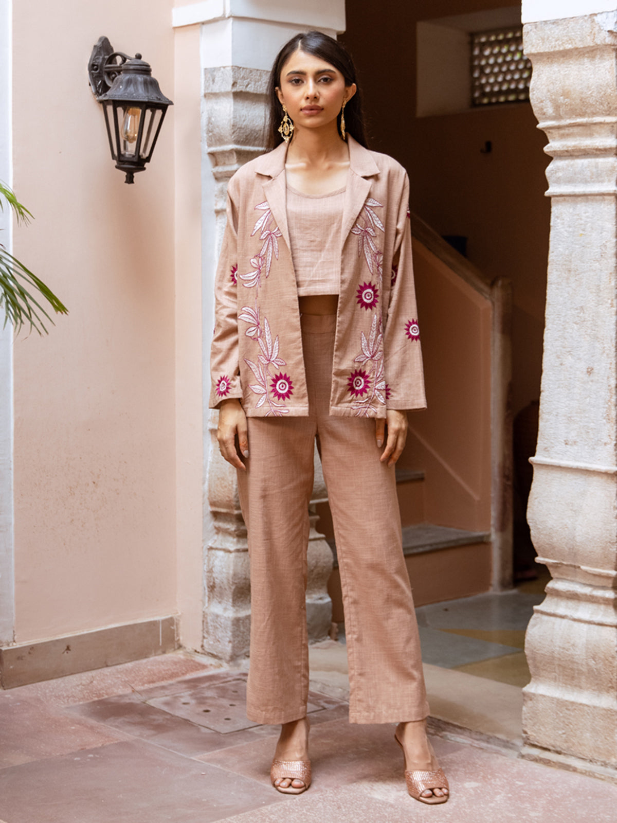 Beige cotton linen jacket style three piece co ord set