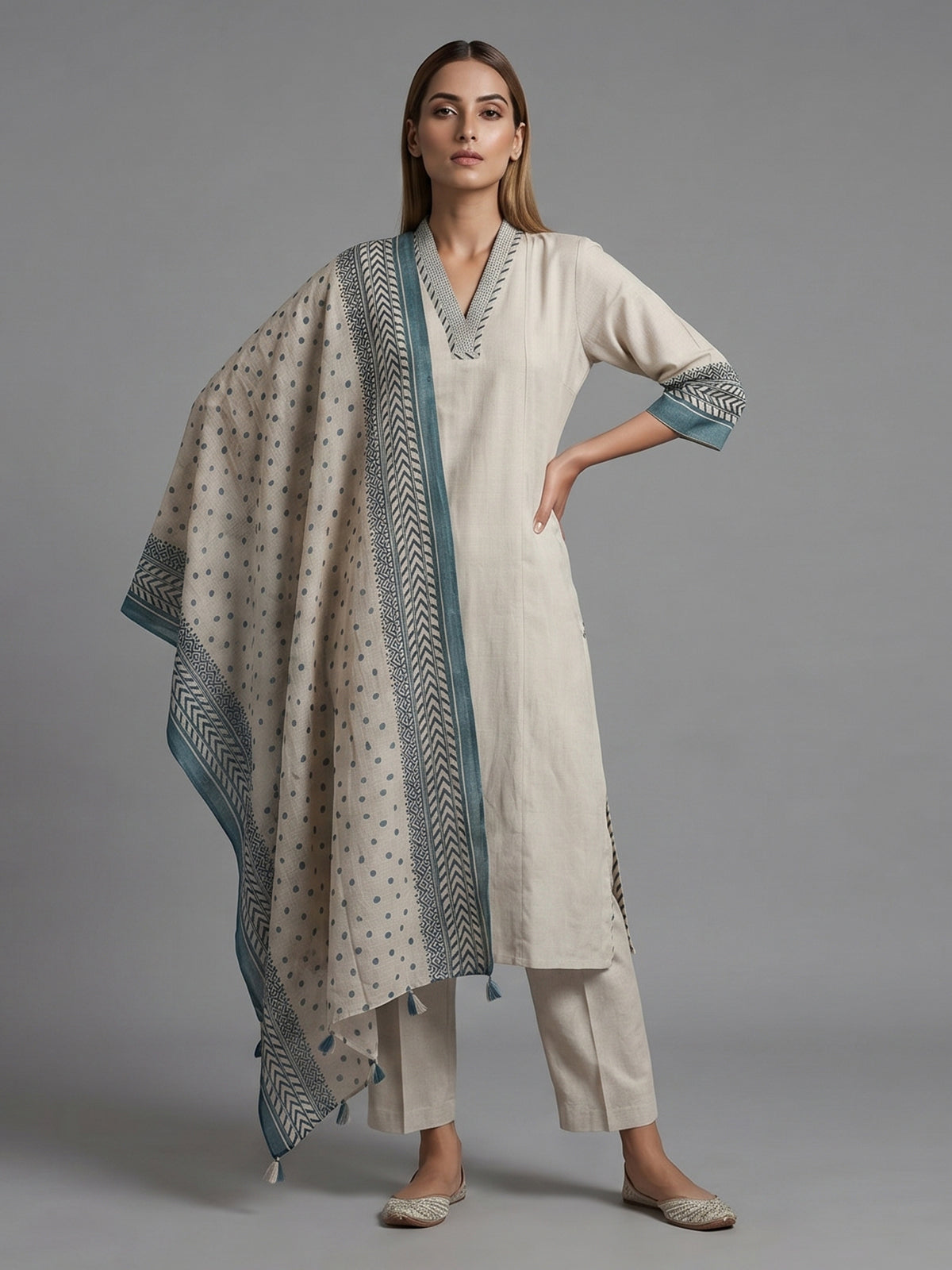 Beige cotton linen straight cut kurti set
