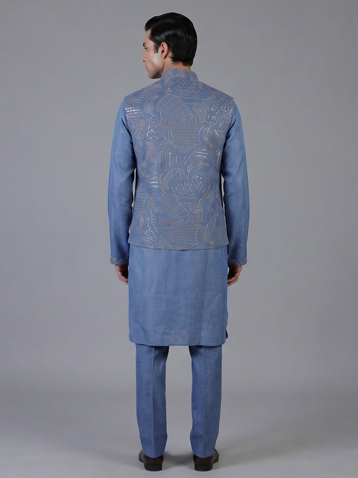 Blue linen waistcoat set with chinese collar