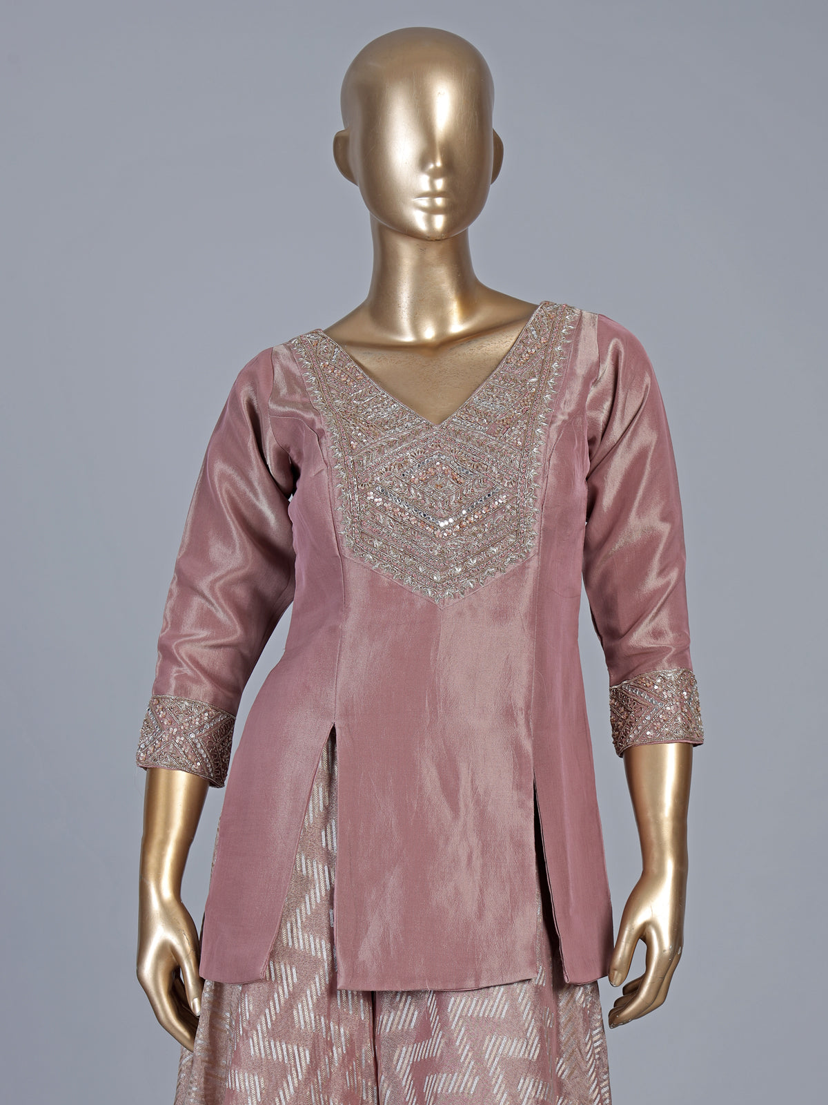 Onion pink silk yoke style festive palazzo suit