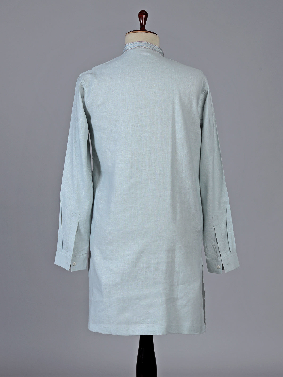 Light grey cotton linen kurta with embroidered yoke