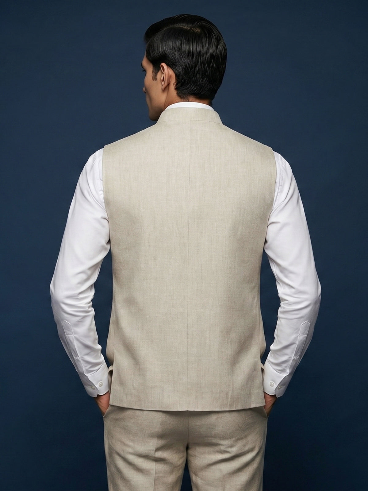 Beige linen waistcoat with brooch detailing