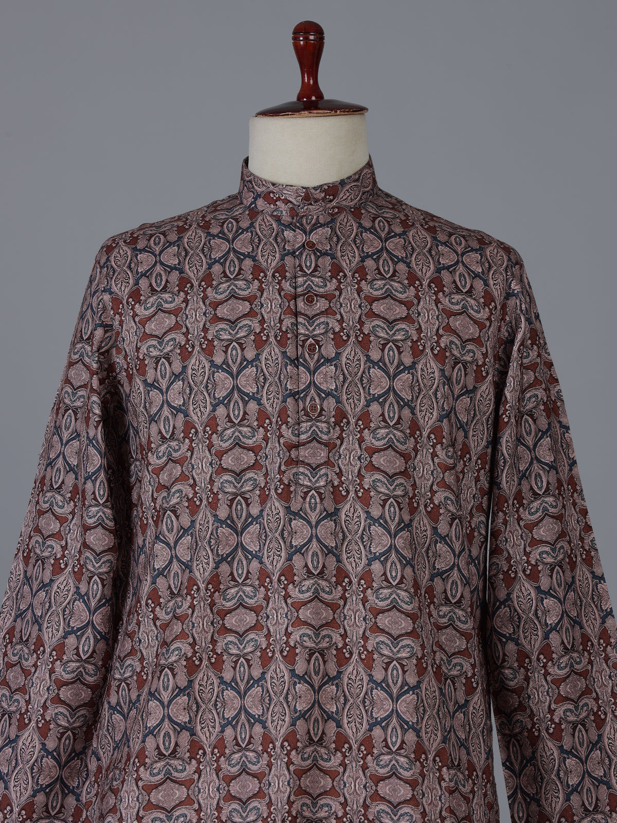Brown and grey printed silk kurta suiit with mandarin collar