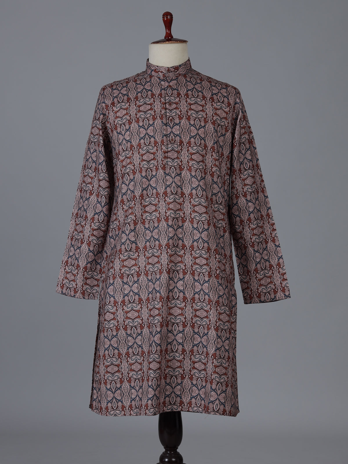 Brown and grey printed silk kurta suiit with mandarin collar