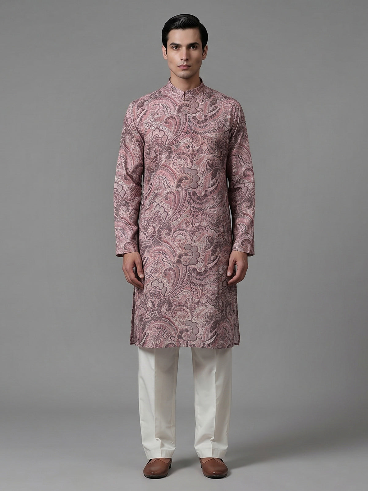 Light brown printed silk kurta suiit