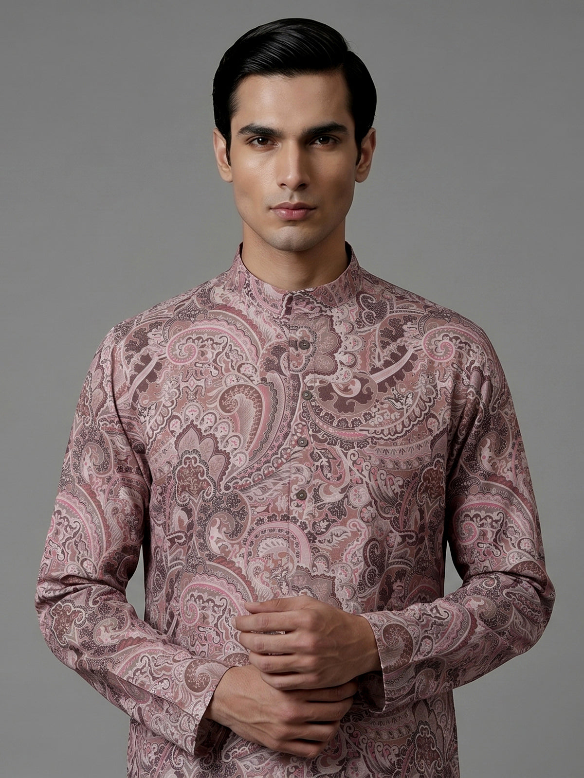 Light brown printed silk kurta suiit