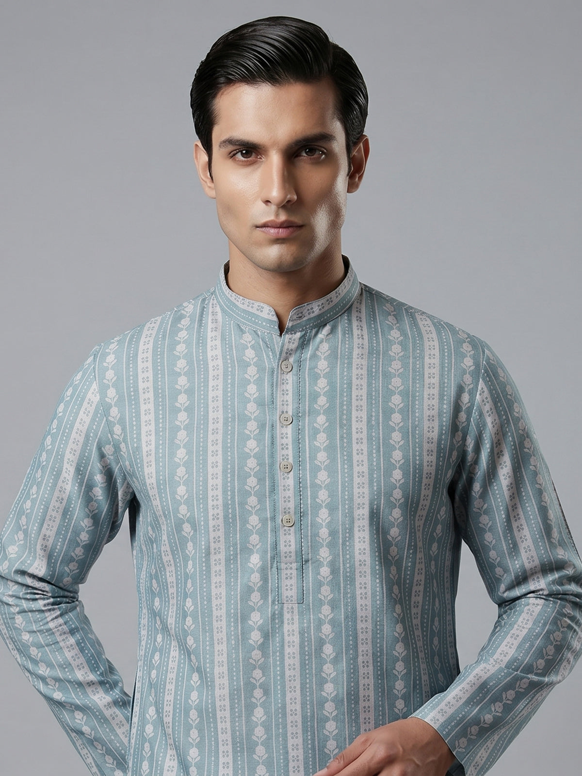 Light blue cotton silk kurta suiit with prints