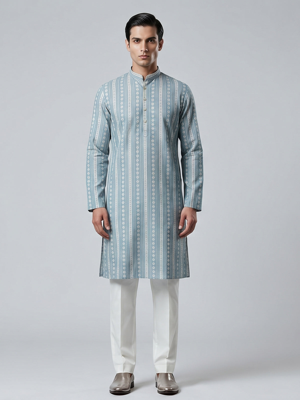 Light blue cotton silk kurta suiit with prints