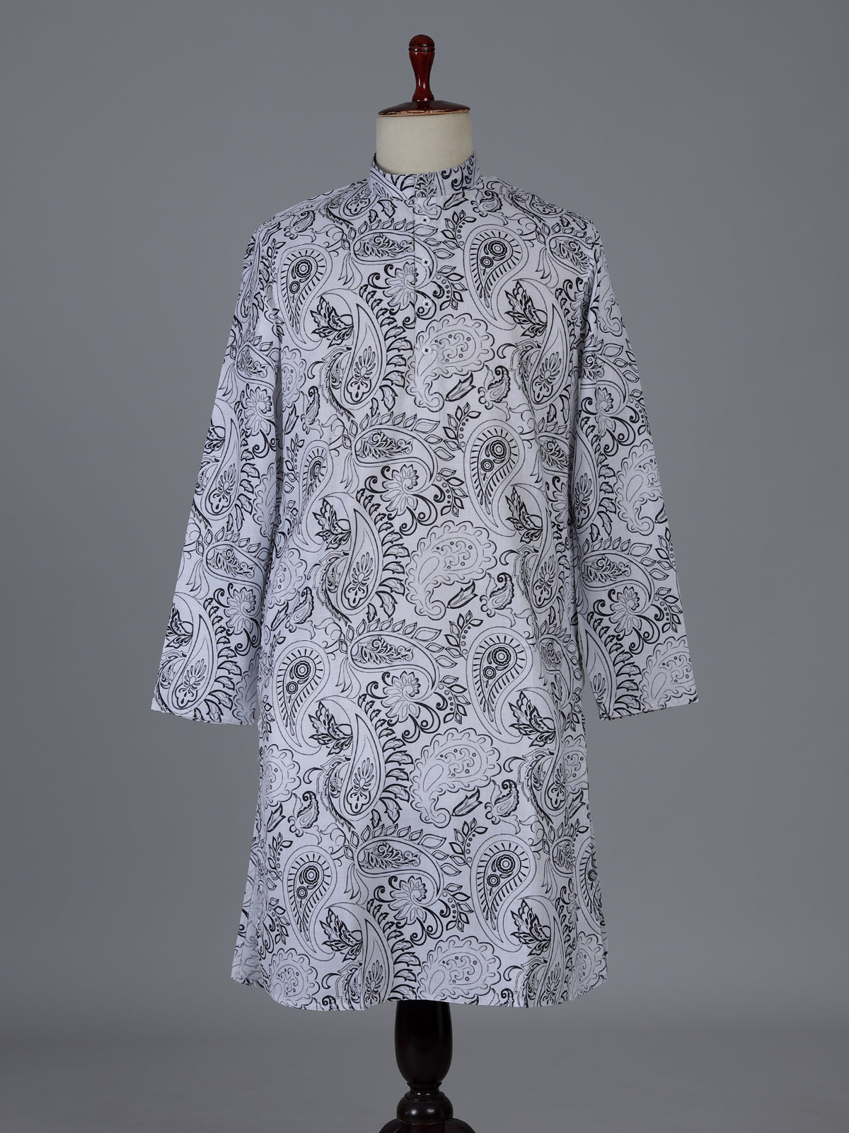 White floral cotton linen kurta suiit with mandarin collar