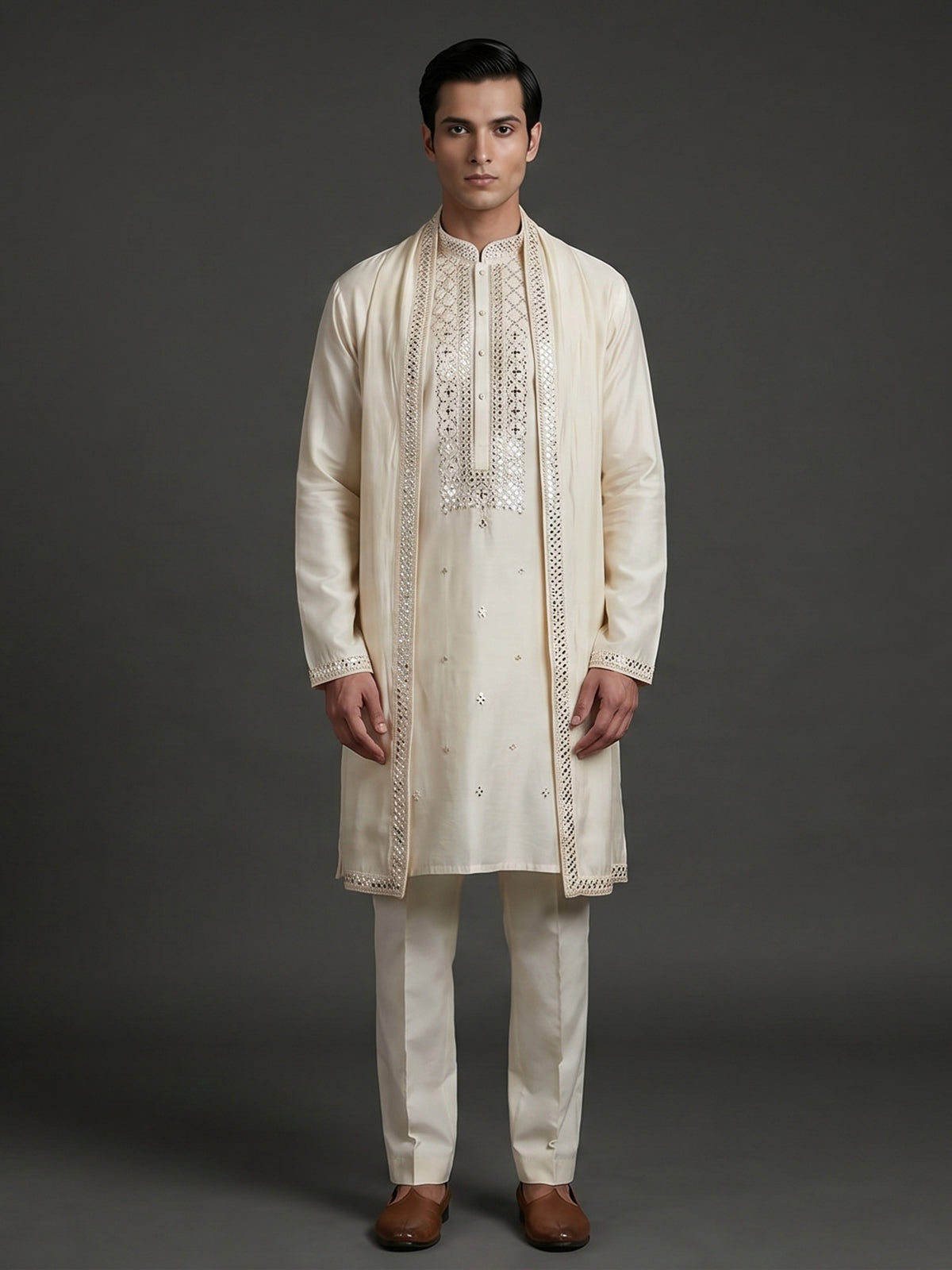 Cream silk kurta suiit with aabla and embroidery work