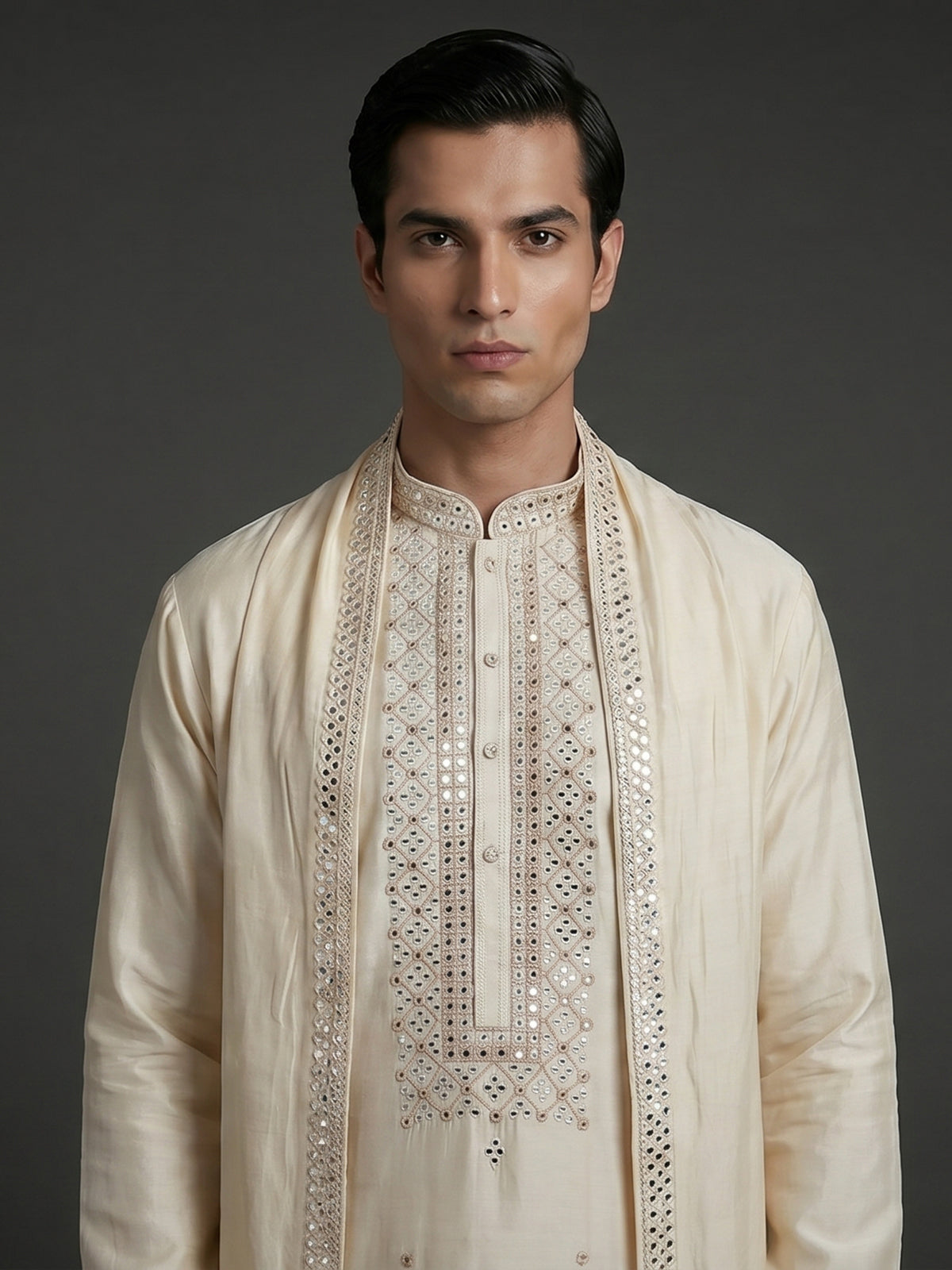 Cream silk kurta suiit with aabla and embroidery work