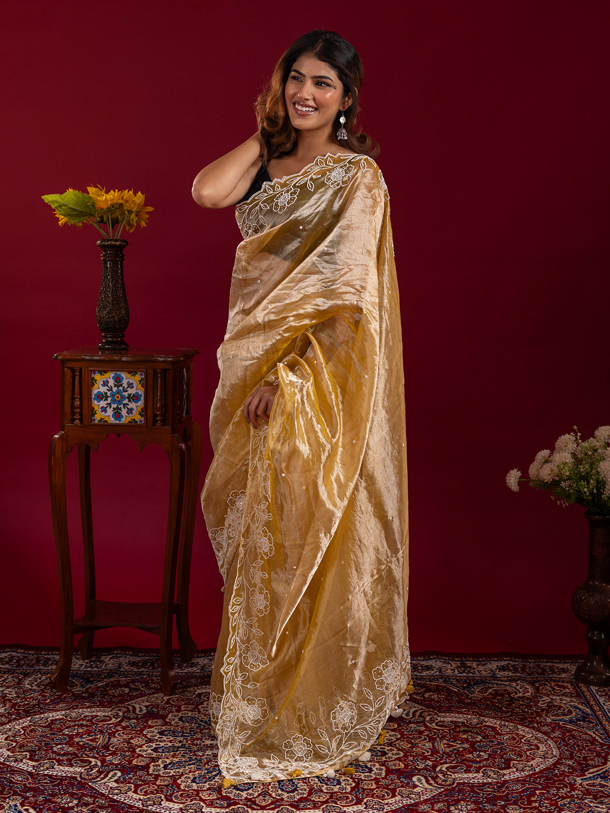 Golden yellow crushed tissue saree