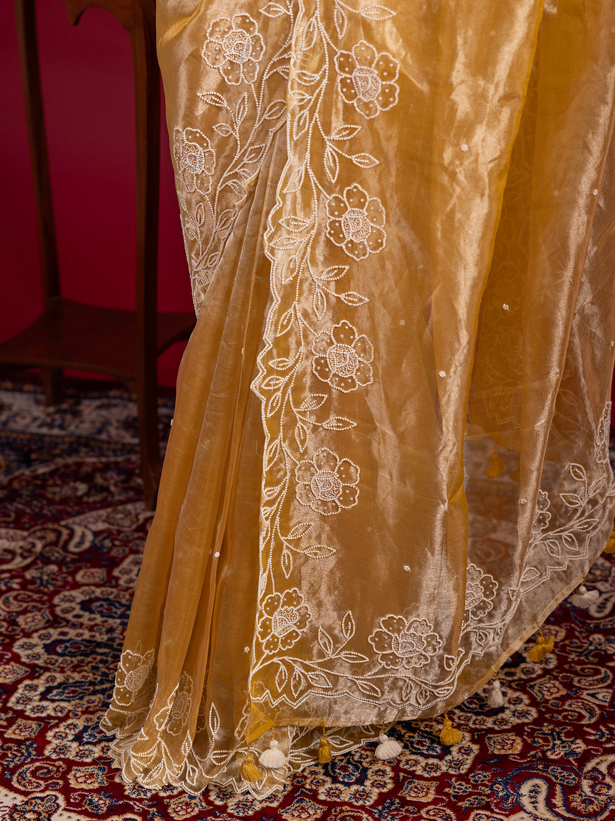 Golden yellow crushed tissue saree