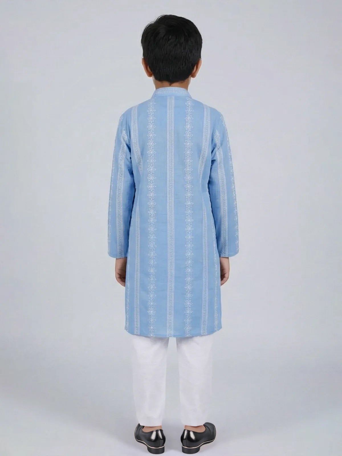 Sky blue silk embroidered mandarin collar festive kurta suit