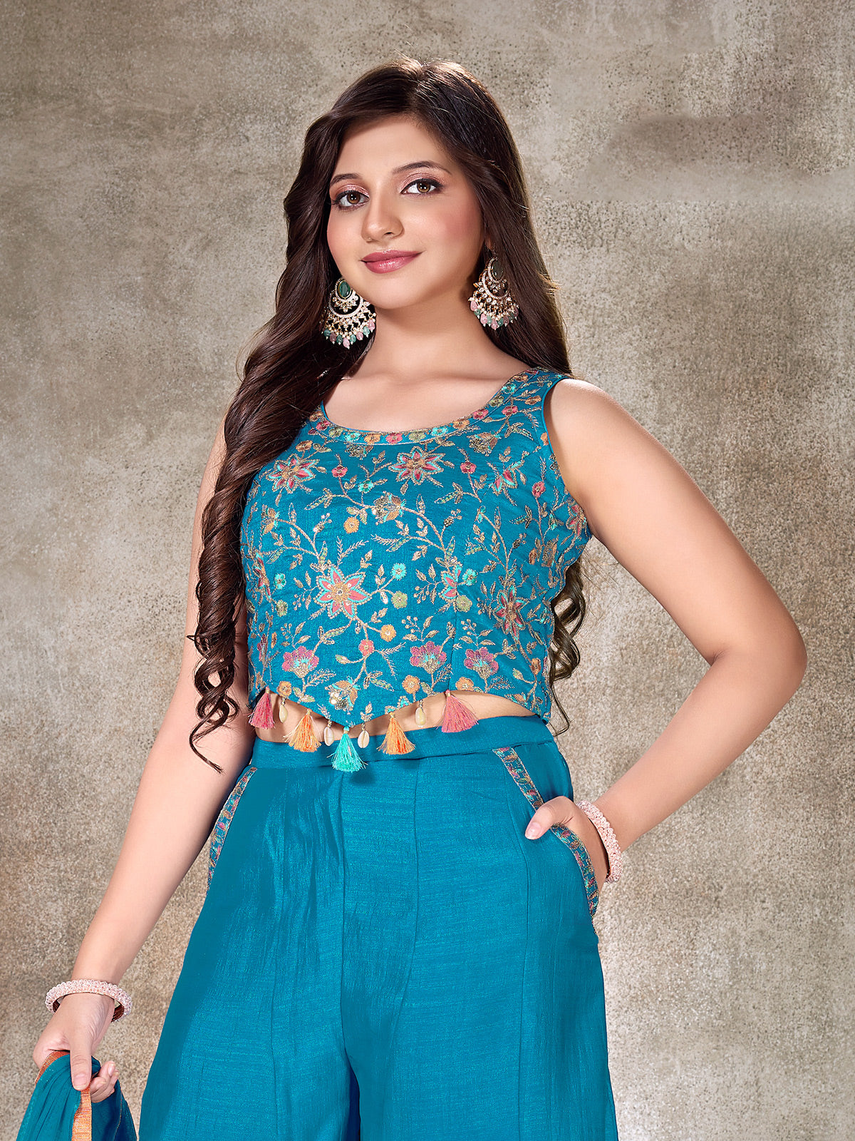 Firozi blue silk palazzo suit with shell work