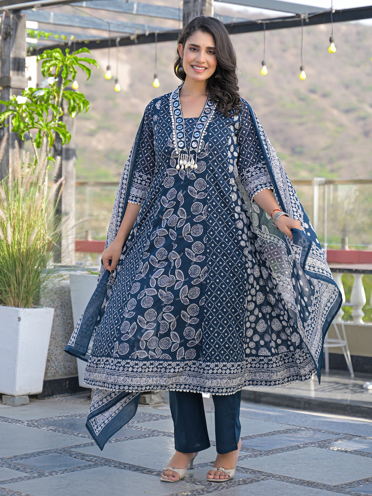 Blue cotton kurti set with bead work
