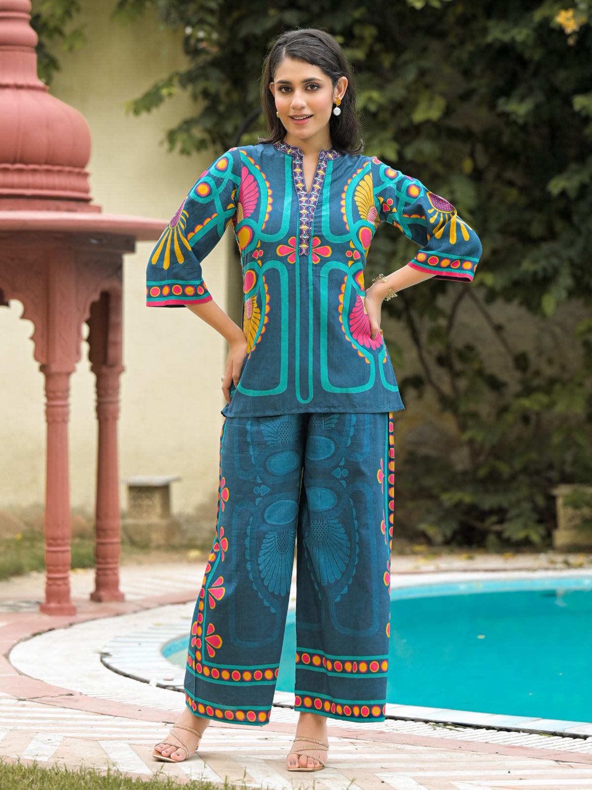 Blue printed cotton co ord set for women