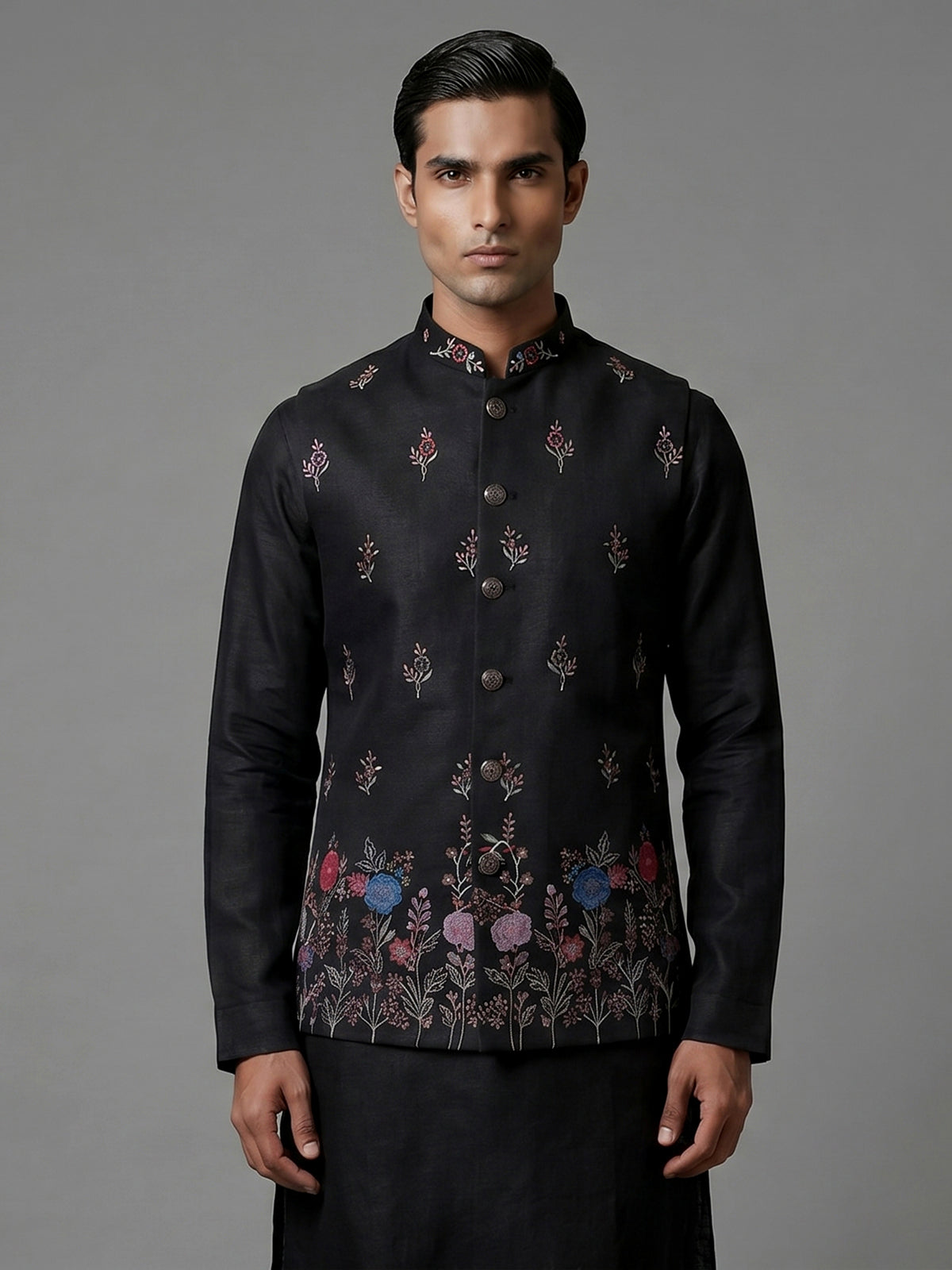 Black linen waistcoat set with floral embroidery