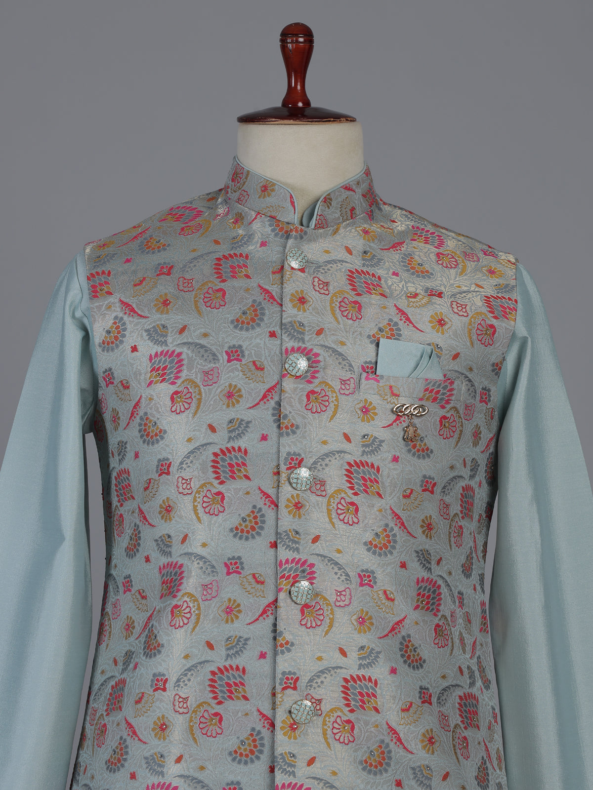 Mint blue silk waistcoat set with zari motifs