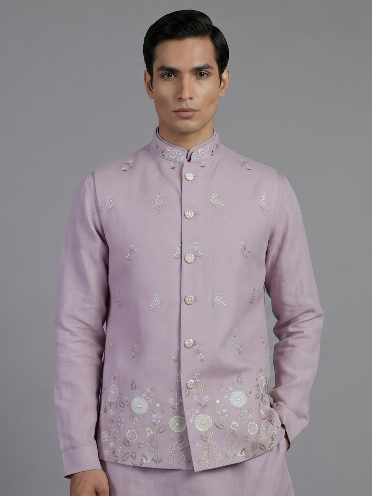 Lilac cotton linen waistcoat set with embroidery