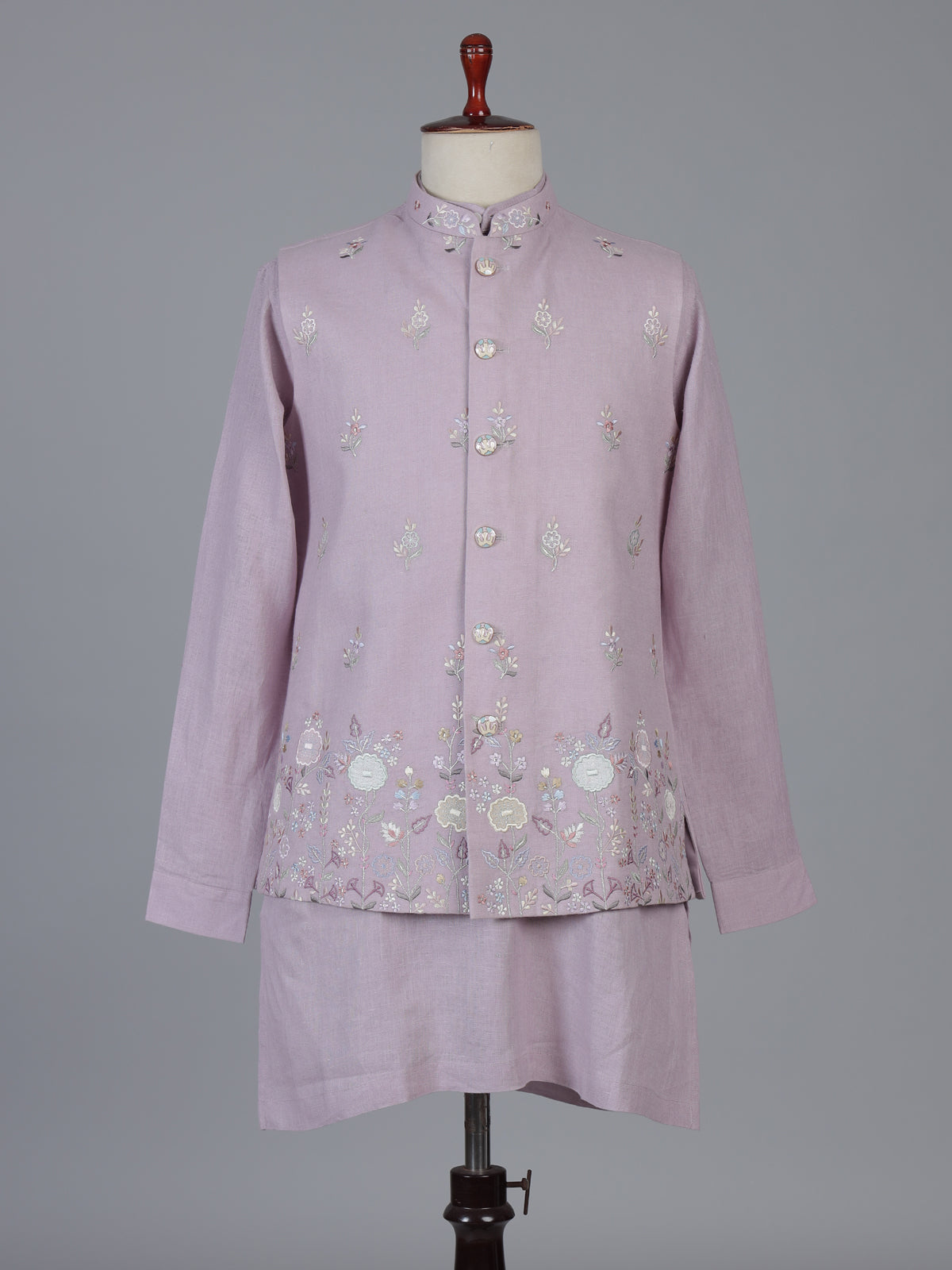 Lilac cotton linen waistcoat set with embroidery