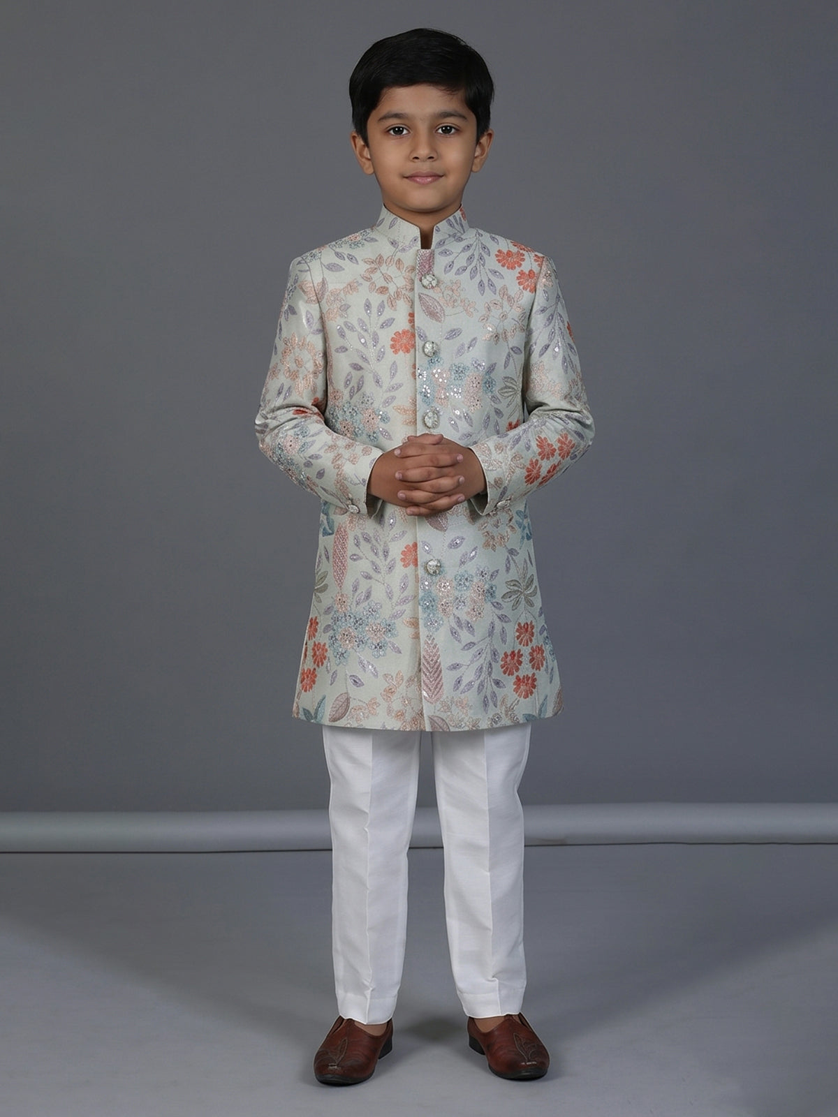 Pastel pista green silk blend boys indowestern suit