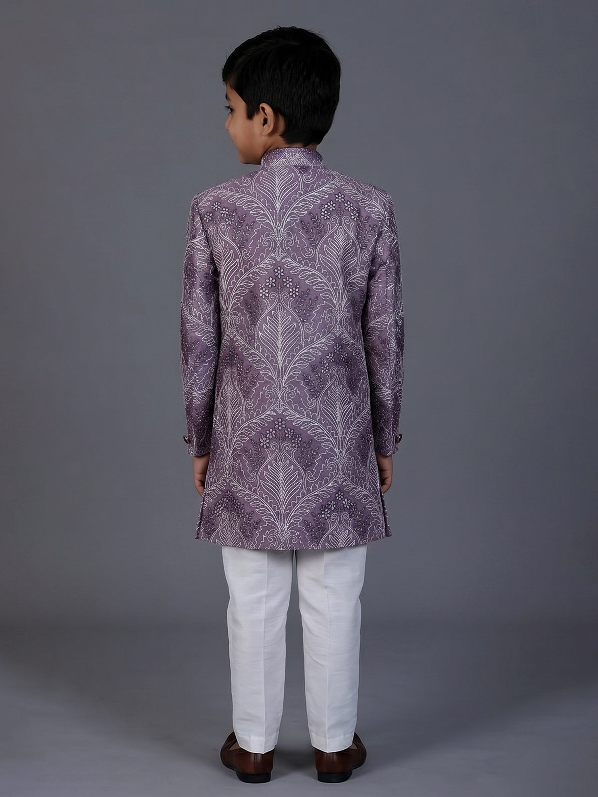 Purple silk embroidered work indowestern suit