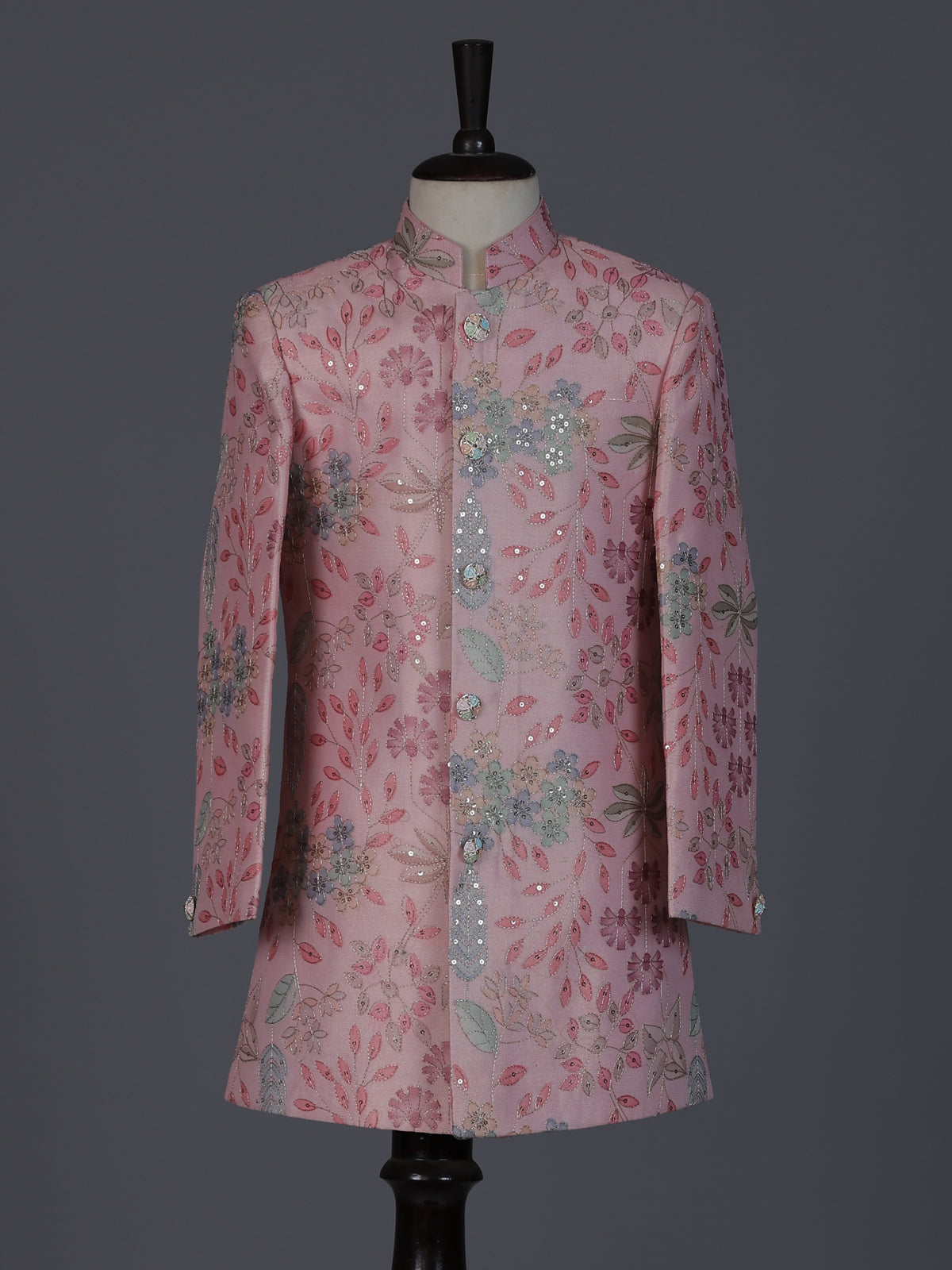 Pink silk blend embroidered boys indowestern set