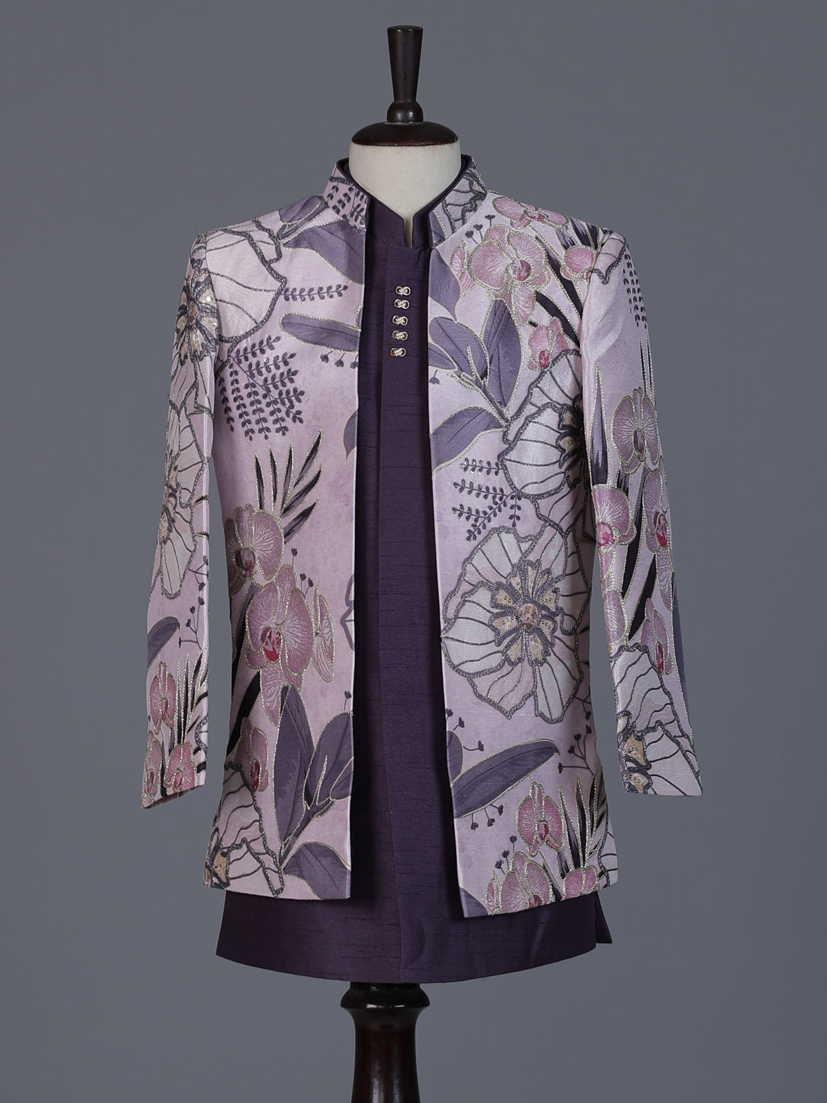 Purple raw silk embroidered boys indowestern suit set
