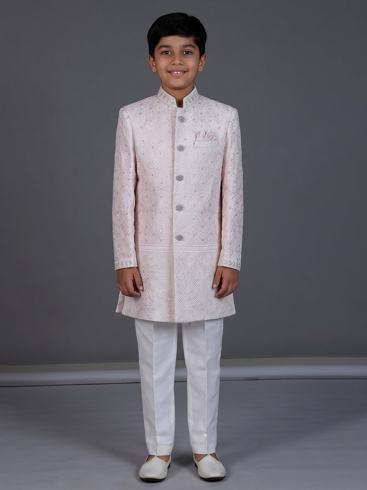 Light pink silk embroidered boys indowestern suit set