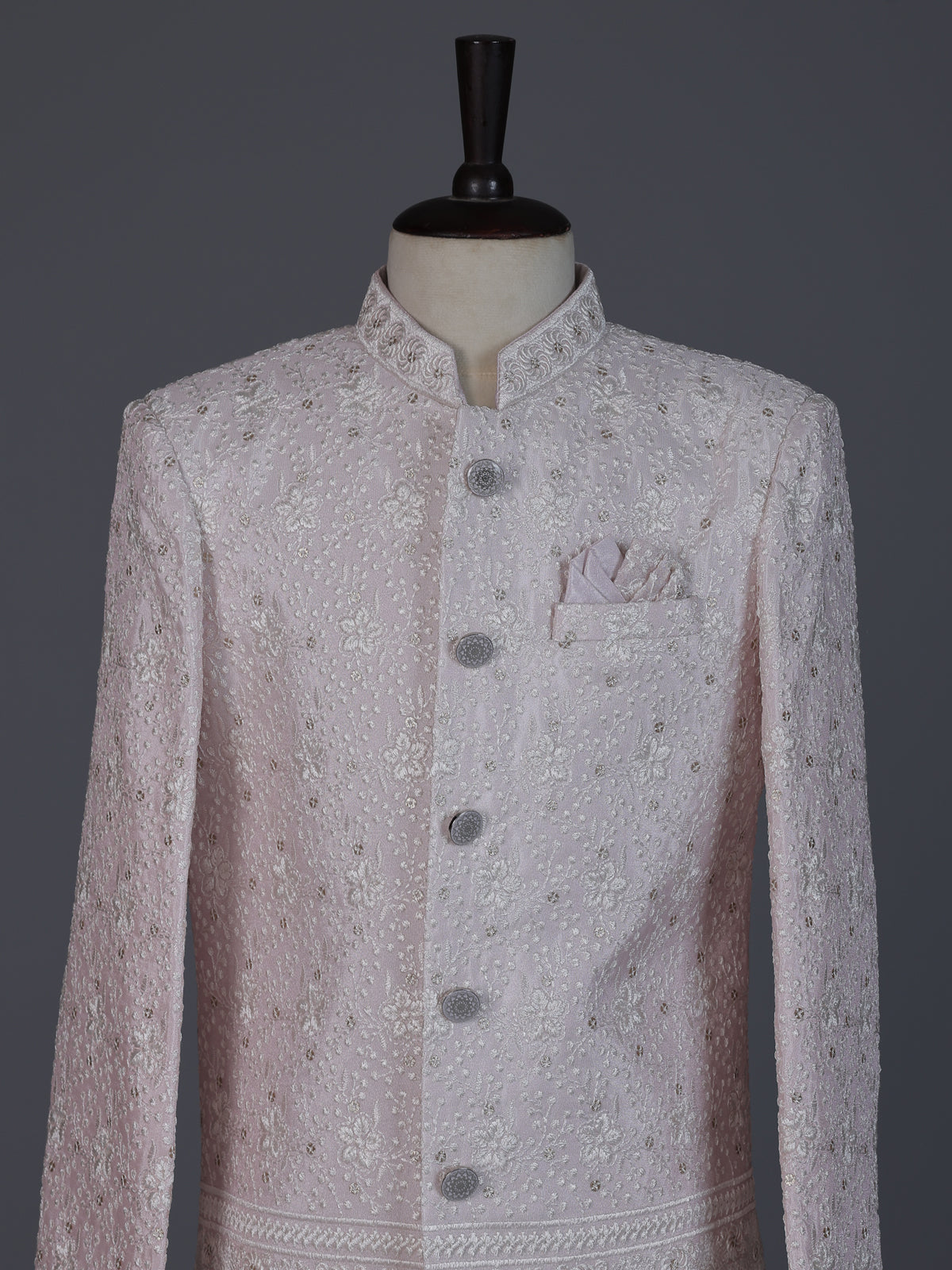 Light pink silk embroidered boys indowestern suit set