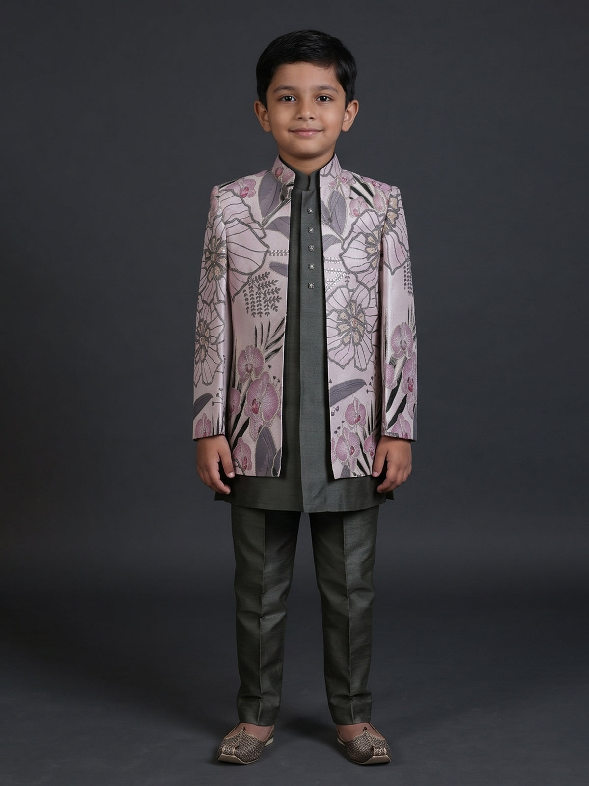 Off white grey raw silk boys indowestern suit
