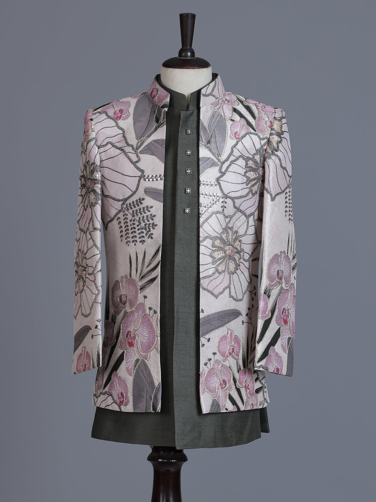 Off white grey raw silk boys indowestern suit