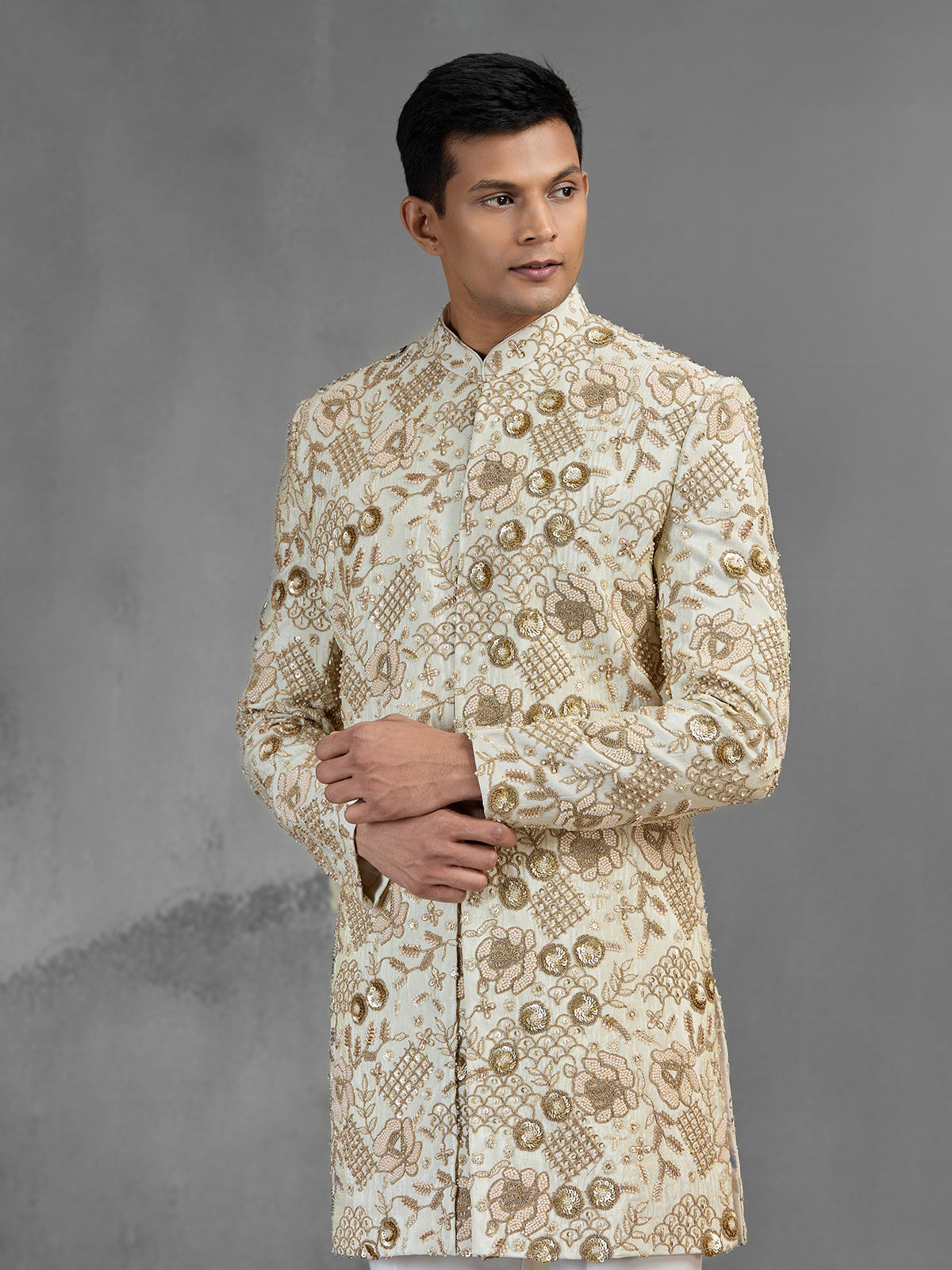 Regal gold raw silk indo western with zardosi detailing