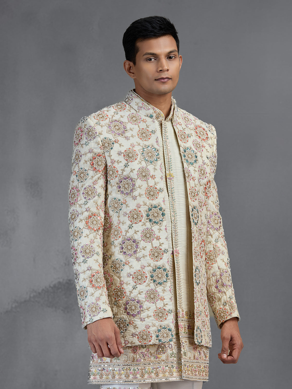 Ivory tussar silk open front indo western with embroidery