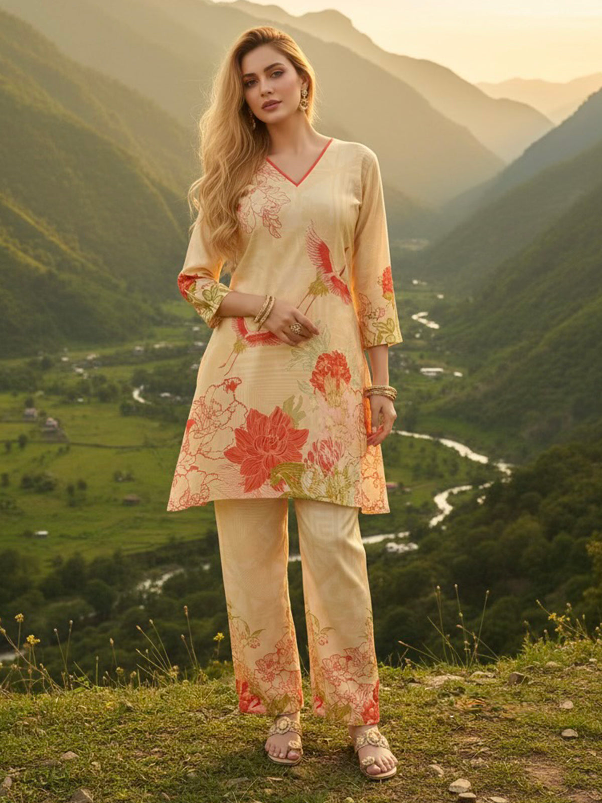 Cream printed cotton silk co ord set for women