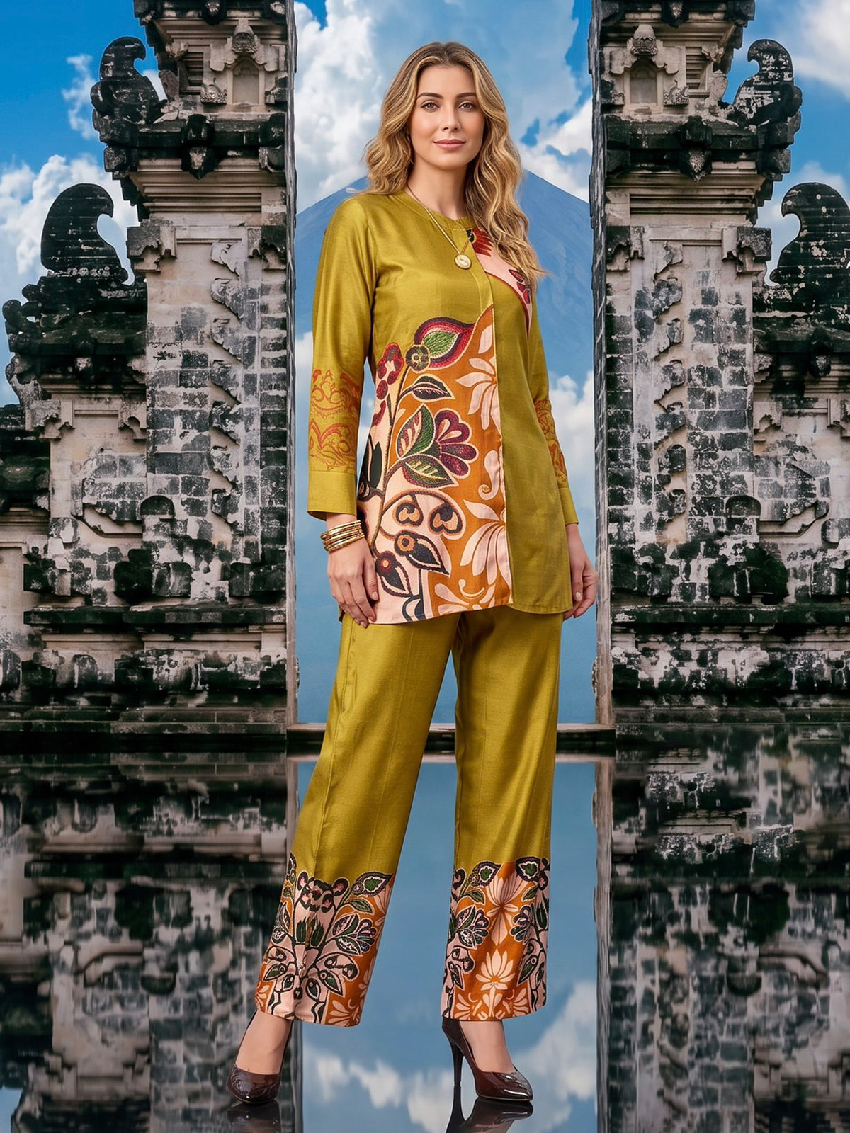Olive green printed cotton silk co ord set